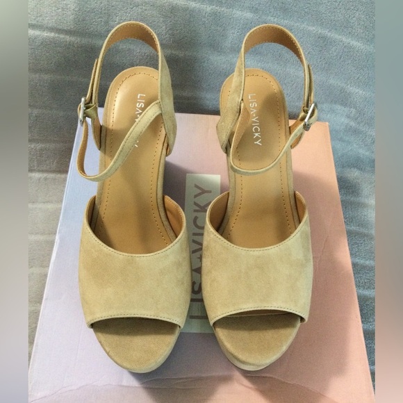 Lisa Vicky Jig Camel Kid Suede Platform Block Heeled Sandals Size 8.5 - Picture 2 of 12